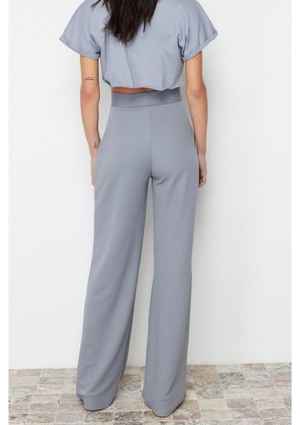 Kadın Yeni Moda Geniş Paça Regular Boy Örme Pileli Wide Leg Rahat Kesim Pantolon