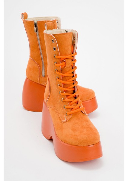 Dolgu Topuklu Bağcıklı Bot Oranj Süet