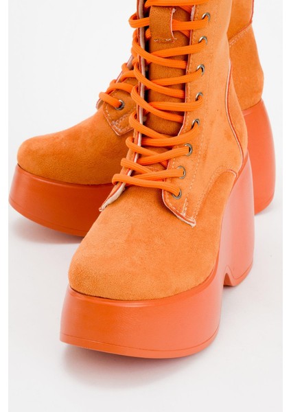 Dolgu Topuklu Bağcıklı Bot Oranj Süet modelleri