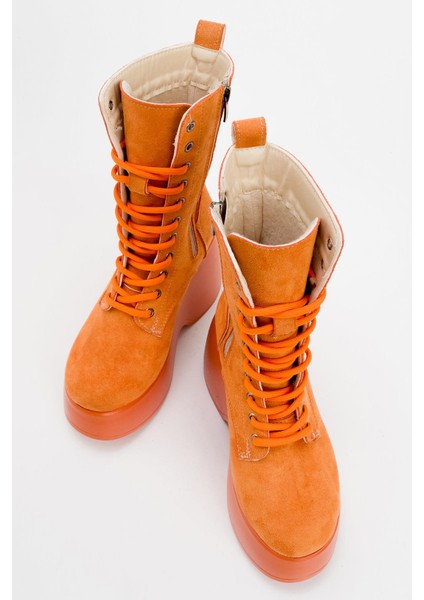 Dolgu Topuklu Bağcıklı Bot Oranj Süet indirimleri