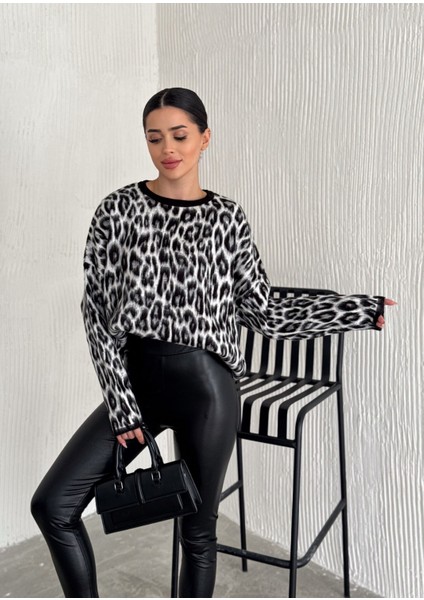 Leopar Desen Şardonlu Kadın Triko Kazak 003