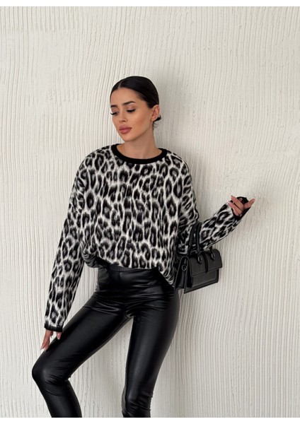 Leopar Desen Şardonlu Kadın Triko Kazak 003