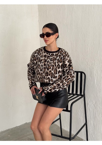 Leopar Desen Şardonlu Kadın Triko Kazak 003