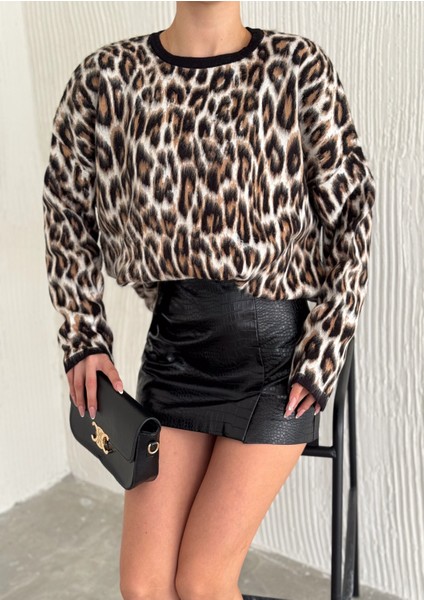 Leopar Desen Şardonlu Kadın Triko Kazak 003