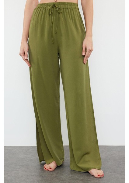 Kadın Yeni Moda Geniş Paça Uzun Boy Dokuma Ekru Yırtmaçlı Pantolon