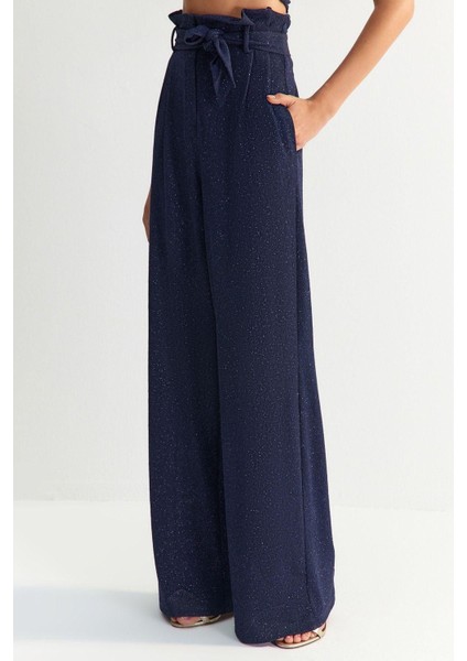 Kadın Yeni Moda Geniş Paça Uzun Boy Örme Kuşaklı Simli Örme Pantolon