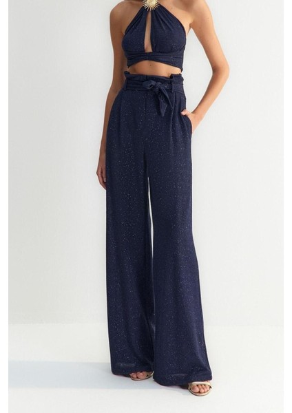 Kadın Yeni Moda Geniş Paça Uzun Boy Örme Kuşaklı Simli Örme Pantolon fiyatları