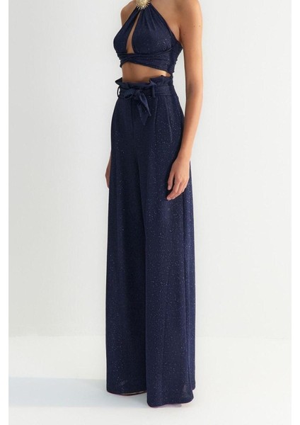 Kadın Yeni Moda Geniş Paça Uzun Boy Örme Kuşaklı Simli Örme Pantolon fırsatları