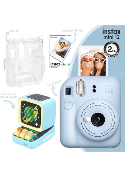 Mini 12 Mavi Fotoğraf Makinesi-10'lu Film-Şeffaf Kılıf ve Divoom Ditoo Pro Mavi Uyarlanabilir Piksel Ekranlı Bluetooth Hoparlör