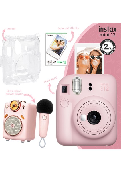 Instax Mini 12 Pembe Fotoğraf Makinesi-10'lu Film-Şeffaf Kılıf