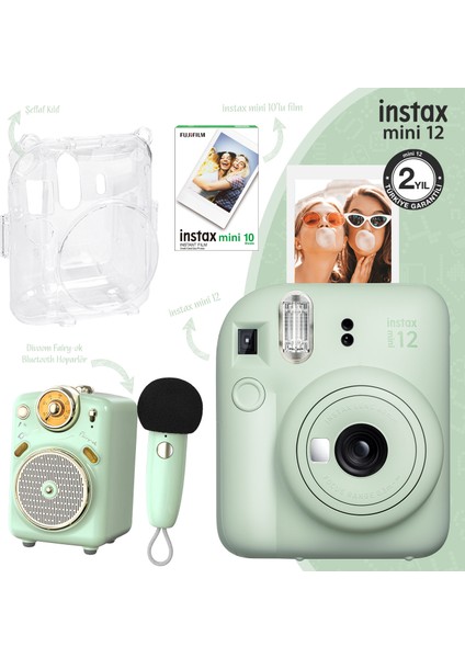 Instax Mini 12 Yeşil Fotoğraf Makinesi-10'lu Film-Şeffaf Kılıf ve Divoom Fairy-Ok Yeşil Karaoke Mikrofonlu Fm Radyolu Bluetooth Hoparlör