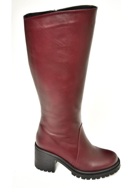 R654047703 Bordo Hakiki Deri Kalın Topuklu Kadın Çizme