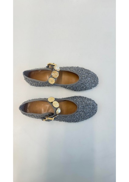 Gri Tüvit Kumaş Gold Tokalı Kadın Babet modelleri