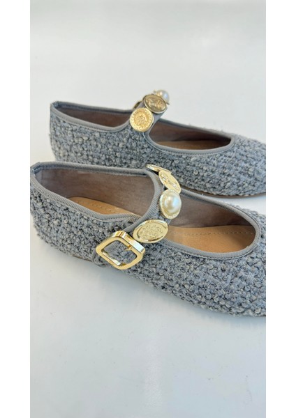 Gri Tüvit Kumaş Gold Tokalı Kadın Babet fırsatları