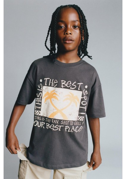 The Best Yazılı Palmiye Tasarım Baskılı Füme Çocuk T-Shirt