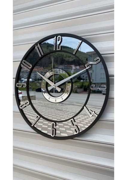 Abs Polimer Aynalı Duvar Saati ( Gerçek Ayna) 40 cm Modern Tasarım Siyah Modern Yuvarlak Pilli 40 x