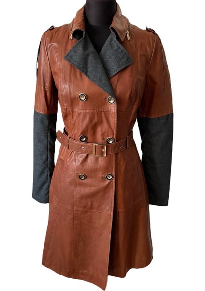 Kadın Konyak Rengi Deri ve Gri Kaşe Uzun Trençkot