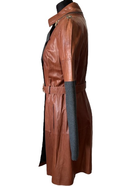 Kadın Konyak Rengi Deri ve Gri Kaşe Uzun Trençkot fiyatları