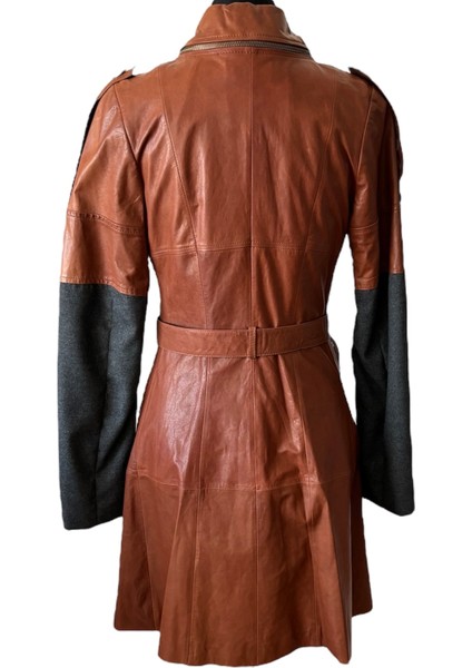 Kadın Konyak Rengi Deri ve Gri Kaşe Uzun Trençkot modelleri