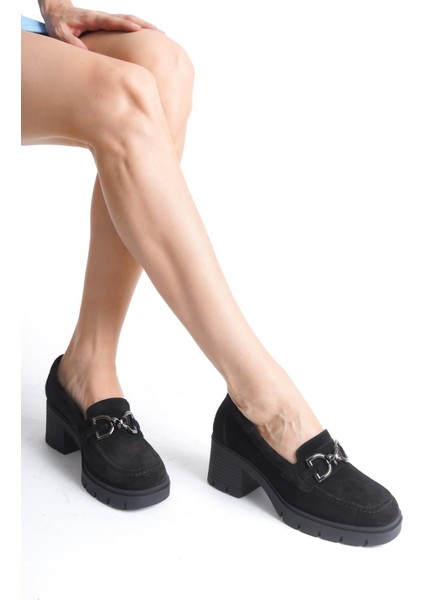 Mubiano Hakiki Deri Collection Kadın Toka Detaylı Kısa Kalın Topuklu Süet Kolej Ayakkabı Siyah - MCSR1004 - S