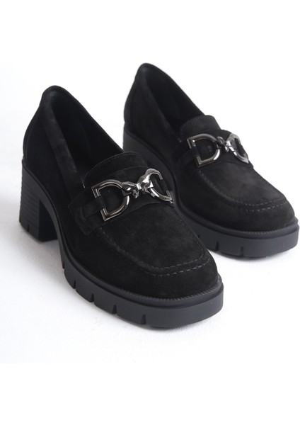 Mubiano Hakiki Deri Collection Kadın Toka Detaylı Kısa Kalın Topuklu Süet Kolej Ayakkabı Siyah - MCSR1004 - S fırsatları