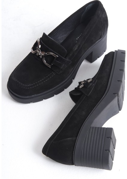 Mubiano Hakiki Deri Collection Kadın Toka Detaylı Kısa Kalın Topuklu Süet Kolej Ayakkabı Siyah - MCSR1004 - S indirimleri