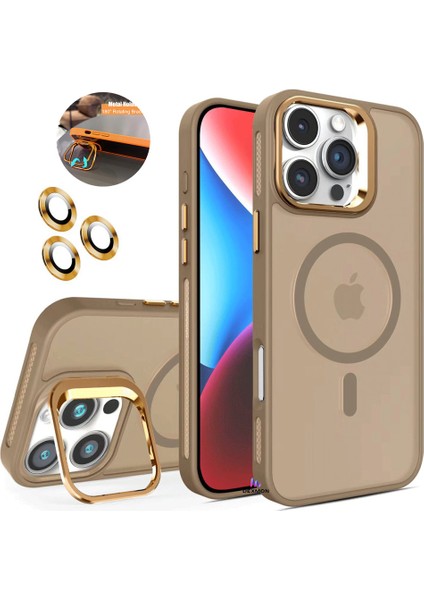 iPhone 16 Pro Max Kılıf + Lens Koruyucu Magsafe ve Stant Özellikli Arkası Mat Sert Pc Leke Yapmaz