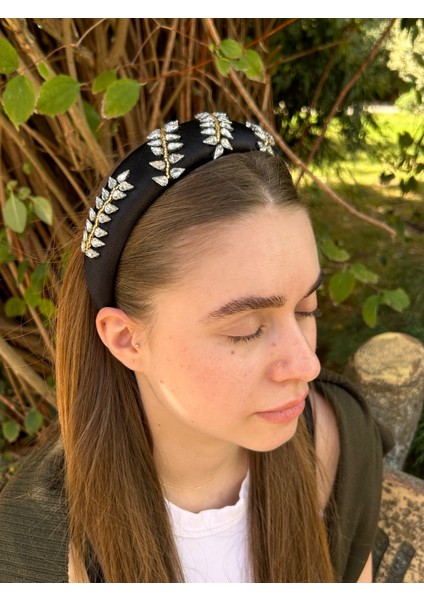 BYM410 Tasarım El Işi Abiye Nişan Kına Siyah Zirkon Taşlı Bombeli Işleme Kadın Saç Aksesuarı Taç