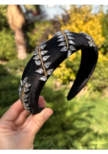 BYM410 Tasarım El Işi Abiye Nişan Kına Siyah Zirkon Taşlı Bombeli Işleme Kadın Saç Aksesuarı Taç modelleri