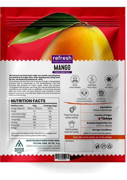 Freeze Dried Mango - Dondurularak Kurutulmuş Meyve - Freeze Dry Meyve Kurusu 20GR