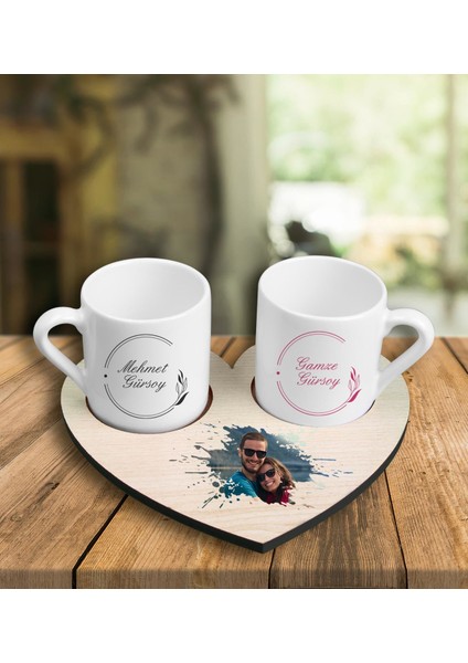 Çiftlere Özel Tasarım Türk Kahvesi Fincanları ve Ahşap Fincan Altlığı 101843