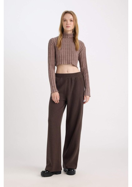 Coool Balıkçı Yaka Crop Top Basic Düz Fitilli Kaşkorse Uzun Kollu Tişört E1673AX24WN