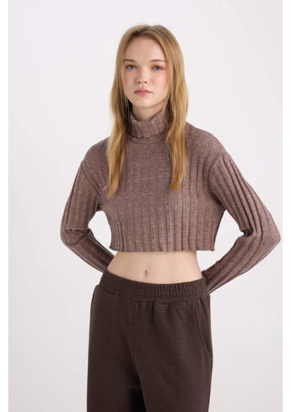 Coool Balıkçı Yaka Crop Top Basic Düz Fitilli Kaşkorse Uzun Kollu Tişört E1673AX24WN