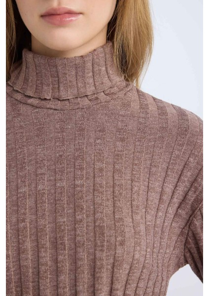 Coool Balıkçı Yaka Crop Top Basic Düz Fitilli Kaşkorse Uzun Kollu Tişört E1673AX24WN