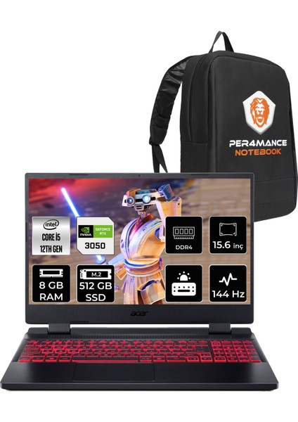 Nitro 5 Intel Core I5 12450H 8gb 512GB SSD RTX3050/4GB 15.6" Fhd 144Hz Fdos Taşınabilir Bilgisayar & Per4 Çanta NHQFJEY00BP302