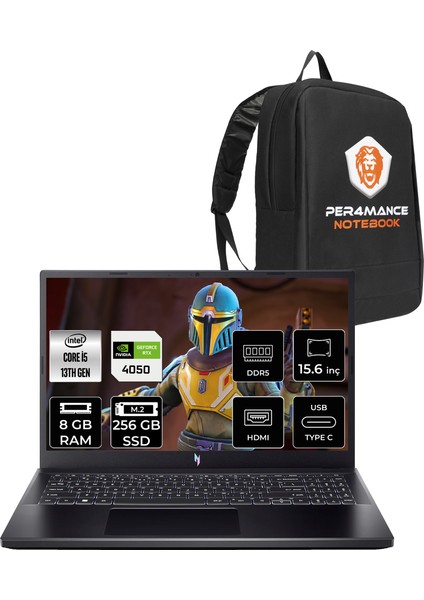 Nitro V 15 Intel Core I5 13420H 8gb 256GB SSD RTX4050/6GB 15.6'' Fhd 144Hz Fdos Taşınabilir Bilgisayar & Per4 Çanta NHQNBEY004P301