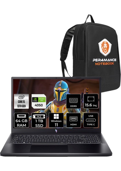 Nitro V 15 Intel Core I5 13420H 64GB 1tb SSD RTX4050/6GB 15.6'' Fhd 144Hz W11H Taşınabilir Bilgisayar & Per4 Çanta NHQNBEY004P373