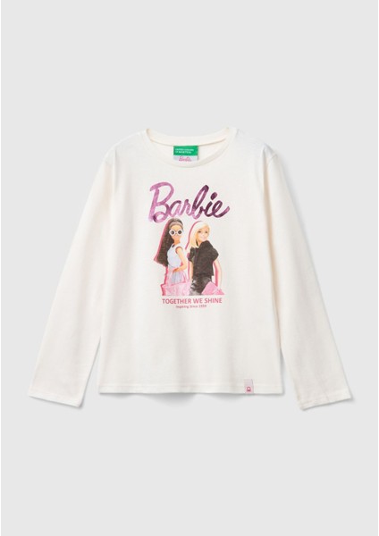 Kız Çocuk Ekru Önü Barbie Baskılı Bisiklet Yaka Uzun Kollu T-Shirt