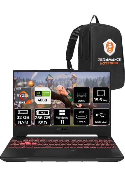 Tuf Gaming A15 Amd Ryzen 7 7435HS 32GB 256GB SSD RTX4060/8GB 15.6" Fhd 144Hz W11P Taşınabilir Bilgisayar & Per4 Çanta LP030P396