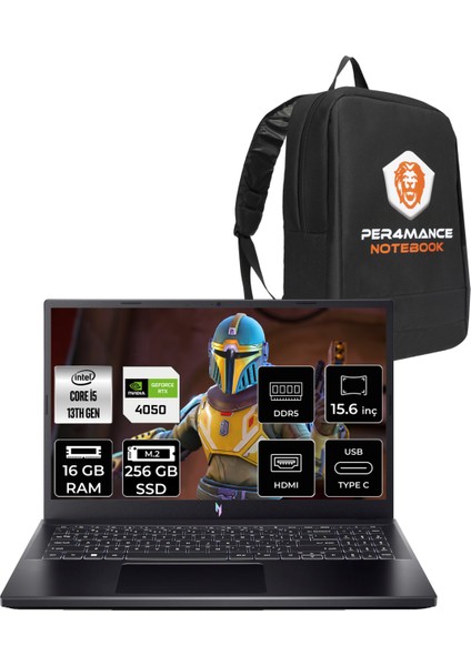 Nitro V 15 Intel Core I5 13420H 16GB 256GB SSD RTX4050/6GB 15.6'' Fhd 144Hz Fdos Taşınabilir Bilgisayar & Per4 Çanta NHQNBEY004P306