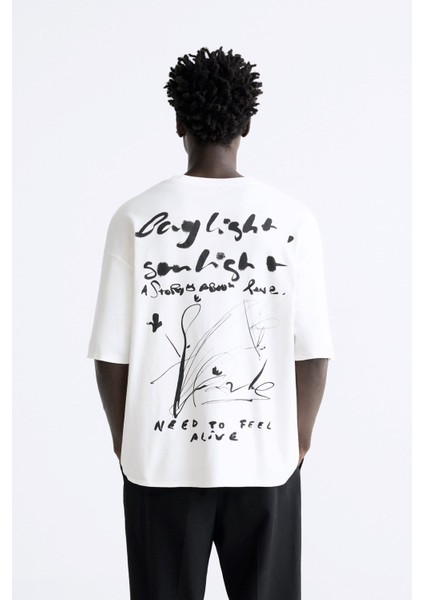 Bisiklet Yaka Bay Light Son Light Baskılı Beyaz Oversize Erkek T-Shirt modelleri