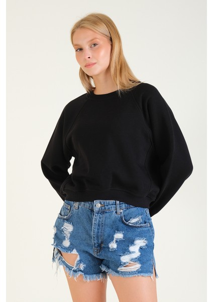 Kadın 3 Ip Şardonlu Sıfır Yaka Oversize Sweatshirt Siyah