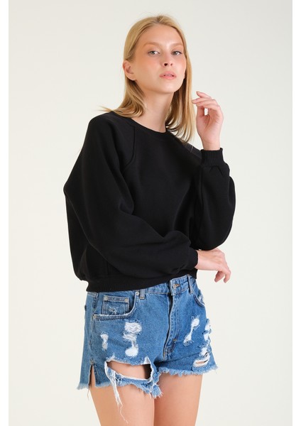 Kadın 3 Ip Şardonlu Sıfır Yaka Oversize Sweatshirt Siyah