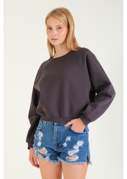 Kadın 3 Ip Şardonlu Sıfır Yaka Oversize Sweatshirt Füme