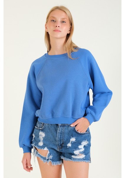 Kadın 3 Ip Şardonlu Sıfır Yaka Oversize Sweatshirt Mavi