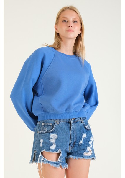 Kadın 3 Ip Şardonlu Sıfır Yaka Oversize Sweatshirt Mavi