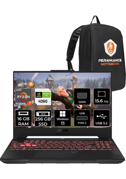 Tuf Gaming A15 Amd Ryzen 7 7435HS 16GB 256GB SSD RTX4060/8GB 15.6" Fhd 144Hz W11H Taşınabilir Bilgisayar & Per4 Çanta LP031P346