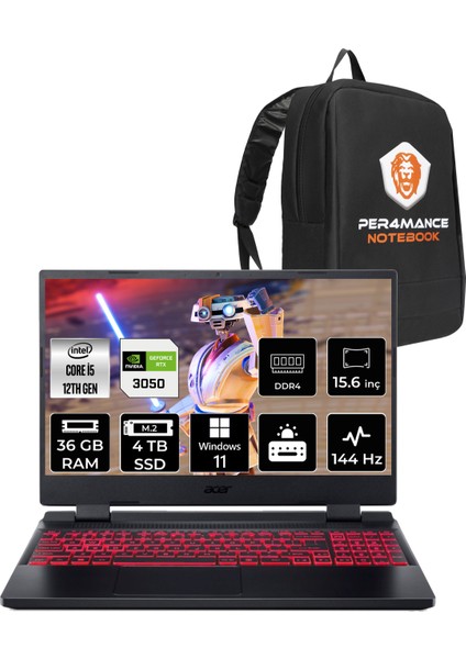 Nitro 5 Intel Core I5 12450H 36GB 4tb SSD RTX3050/4GB 15.6" Fhd 144Hz W11H Taşınabilir Bilgisayar & Per4 Çanta NHQFJEY00BP385