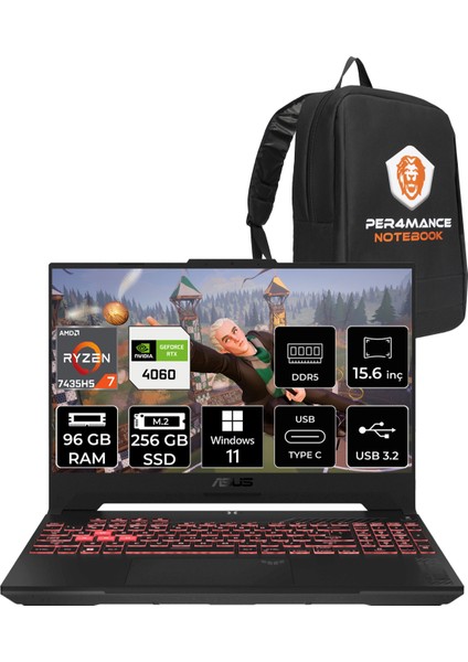 Tuf Gaming A15 Amd Ryzen 7 7435HS 96GB 256GB SSD RTX4060/8GB 15.6" Fhd 144Hz W11P Taşınabilir Bilgisayar & Per4 Çanta LP030P416