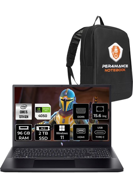 Nitro V 15 Intel Core I5 13420H 96GB 2tb SSD RTX4050/6GB 15.6'' Fhd 144Hz W11H Taşınabilir Bilgisayar & Per4 Çanta NHQNBEY004P379